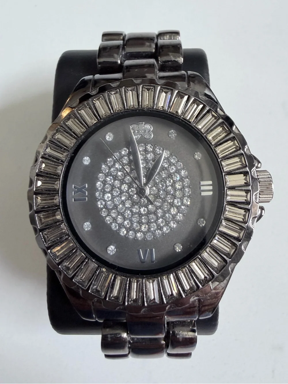 Curations by Stefani Greenfield  Pavé Crystal Watch in Gunmetal w/Baguette Bezel